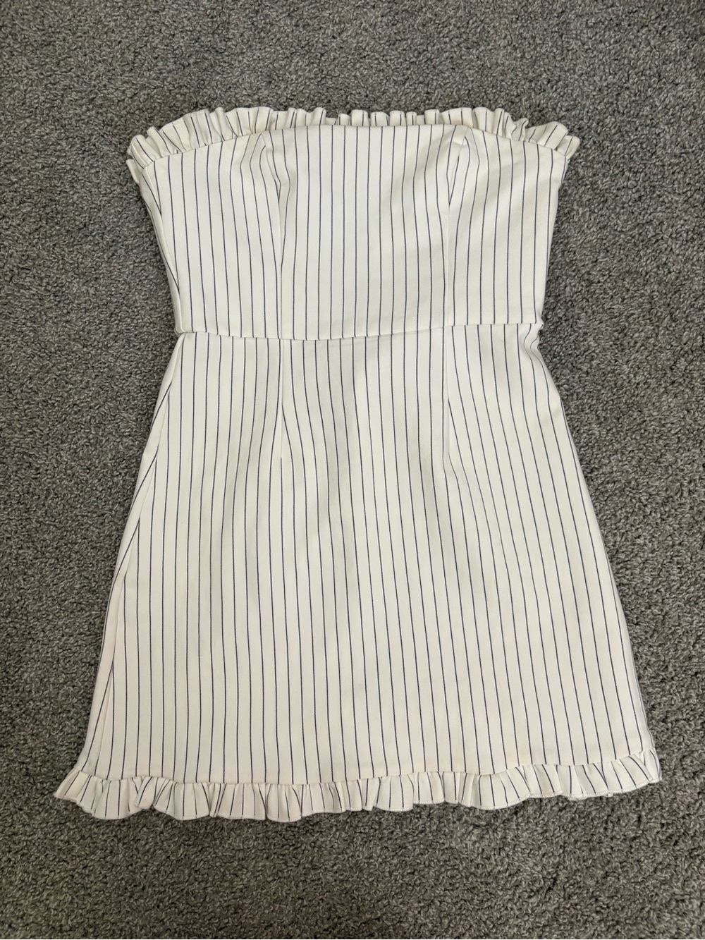 Lulu's White Mini Dress with Navy Pinstripes and Ruffle Trim